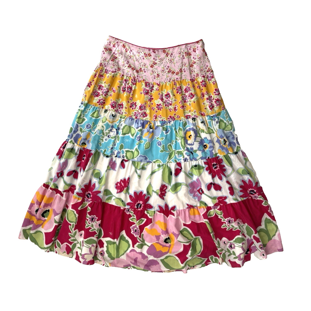 Tommy Hilfiger Maxi Peasant Skirt 12 Tiered-Ruffles Colorful Floral Silk Cotton